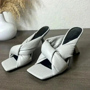 MARC FISHER Gray Knot Comfort Dellian Square Toe Slip On Leather Heeled Sandal
